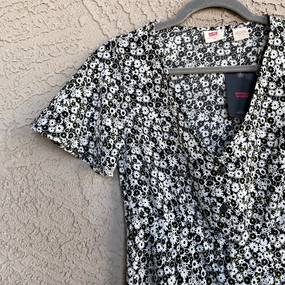 LEVI’S NWT Black White & Yellow Ditsy Floral Printed Button Down 90s Midi Dress - Picture 8 of 11